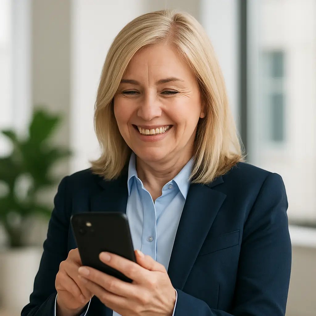 A woman in a blazer smiling as she reads something on her phone
