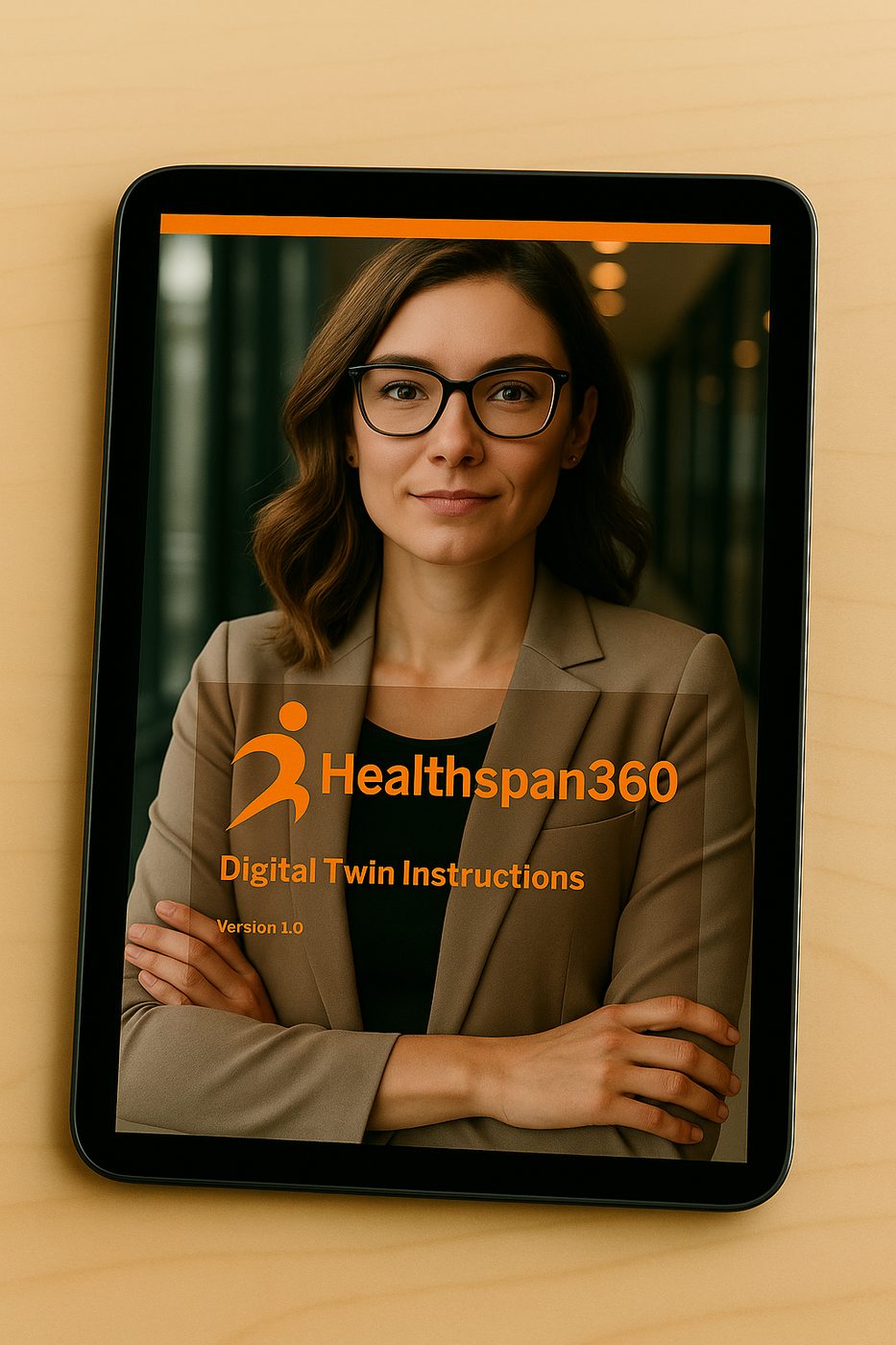 A tablet displaying the cover of the Healthspan360 Digital Twin Instructions