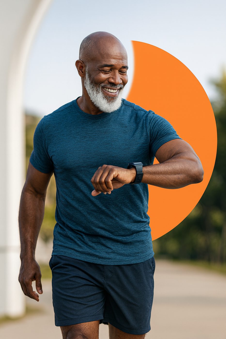 A man checking the fitness data on his smartwatch while out walking