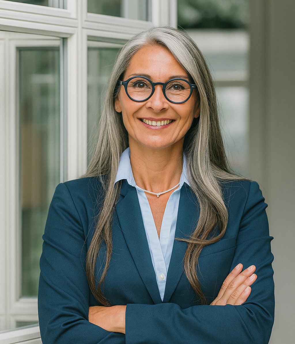 A woman with grey hair in a blue blazer standing by a window, smiling confidently